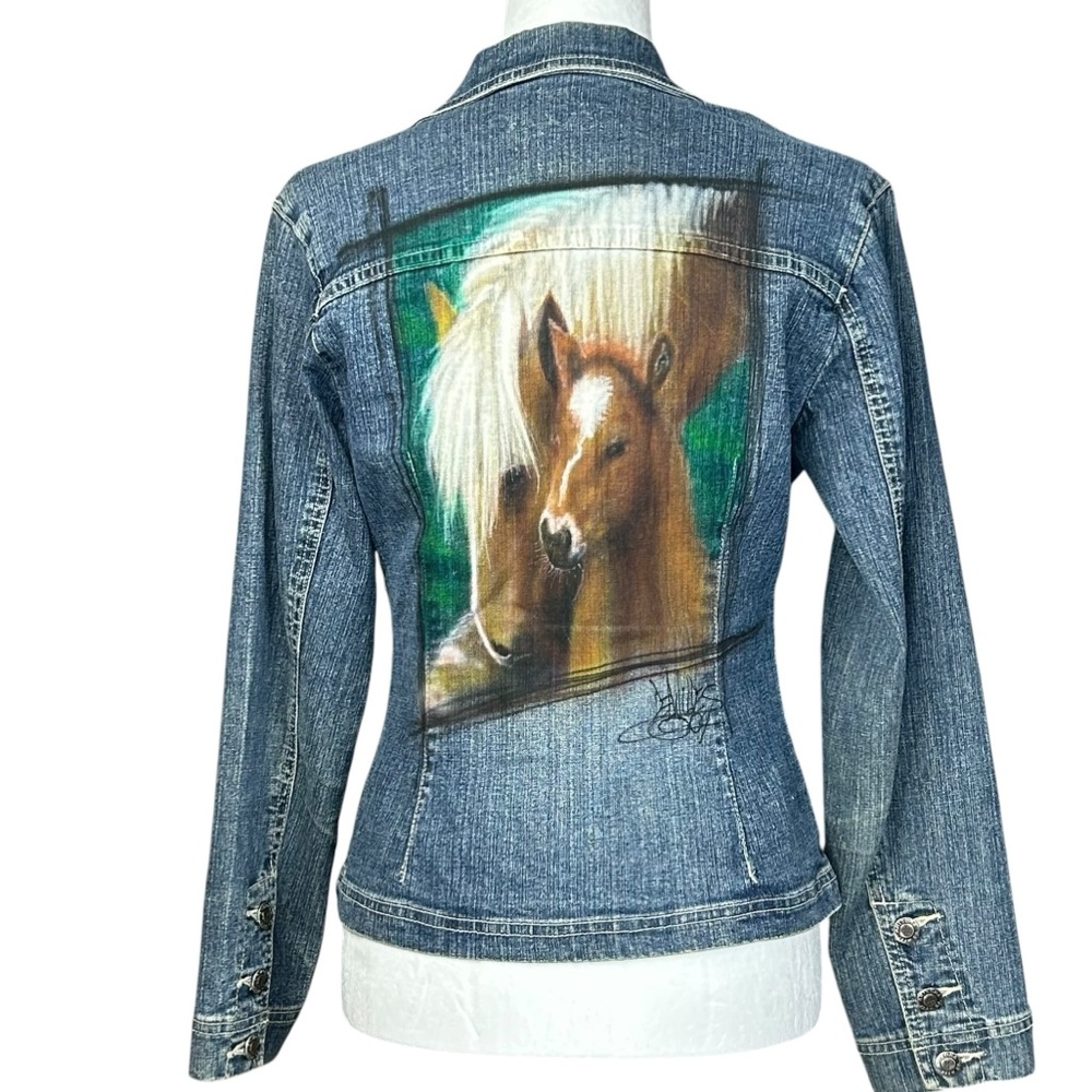Horses Denim Jacket L Hand Painted Artist Signed One of A Kind Cowgirl Western